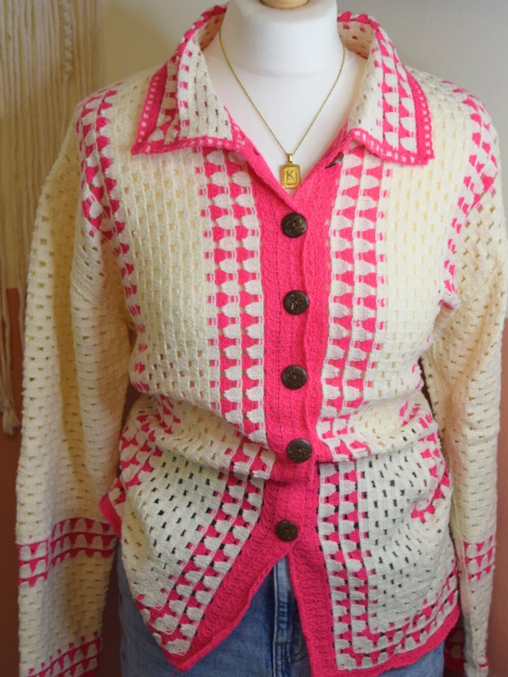 NWT L’Olive Verte Pink Cream Checkered Crochet Cardigan Size L
